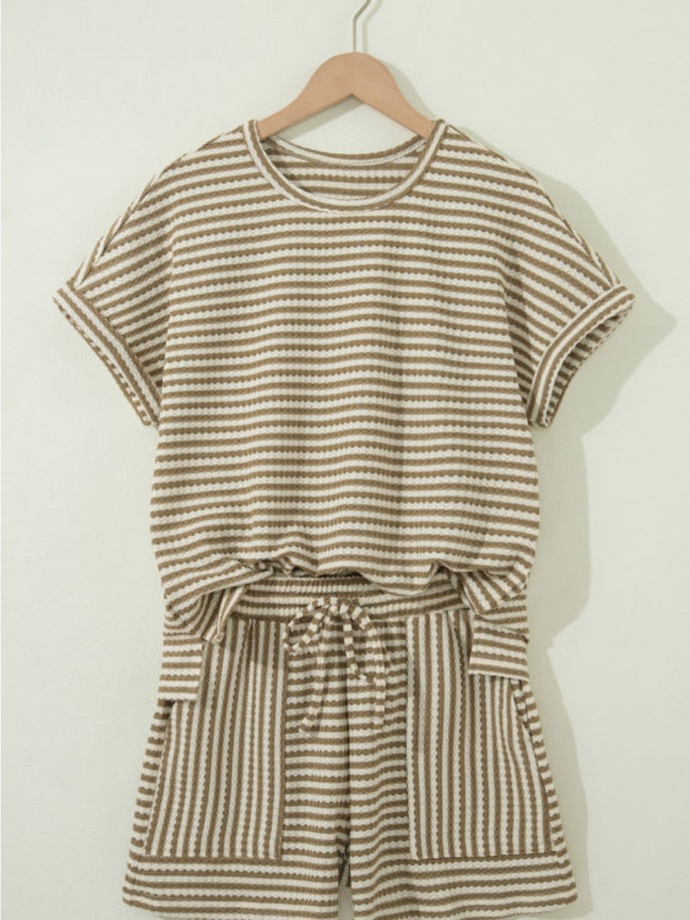 Striped Knit Shirt & Short Set in Beige and Cream